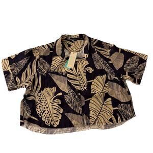 Shore Raw Hem Short Sleeve Navy Nautical Palm Shirt Womens Medium NWT MSRP $118